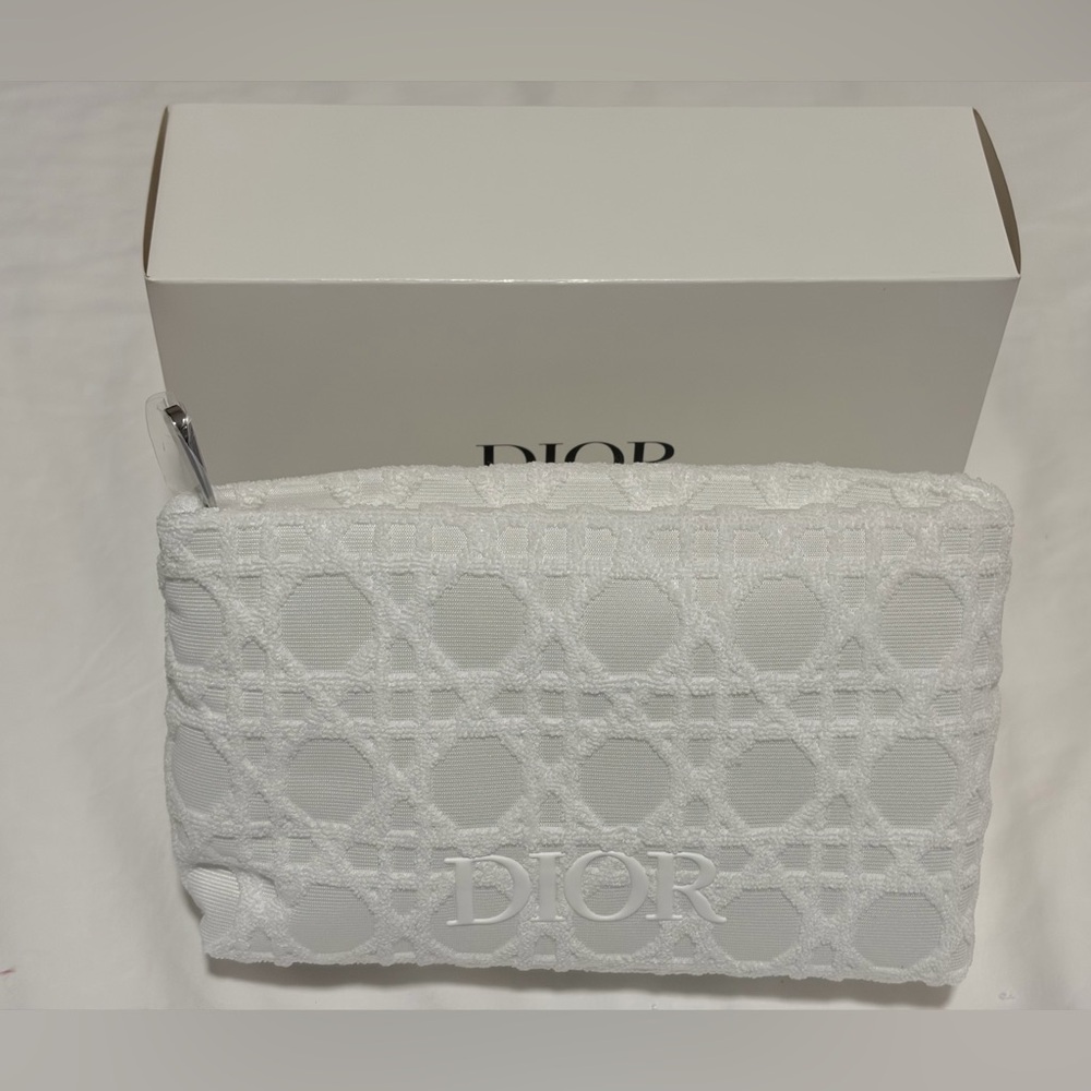 Dior White Textured Embroidered Cosmetic Pouch NIB
